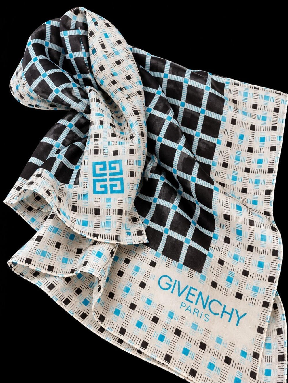 Vintage 80s GIVENCHY Paris Silk Scarf 22” Geometric Logo Black Turquoise